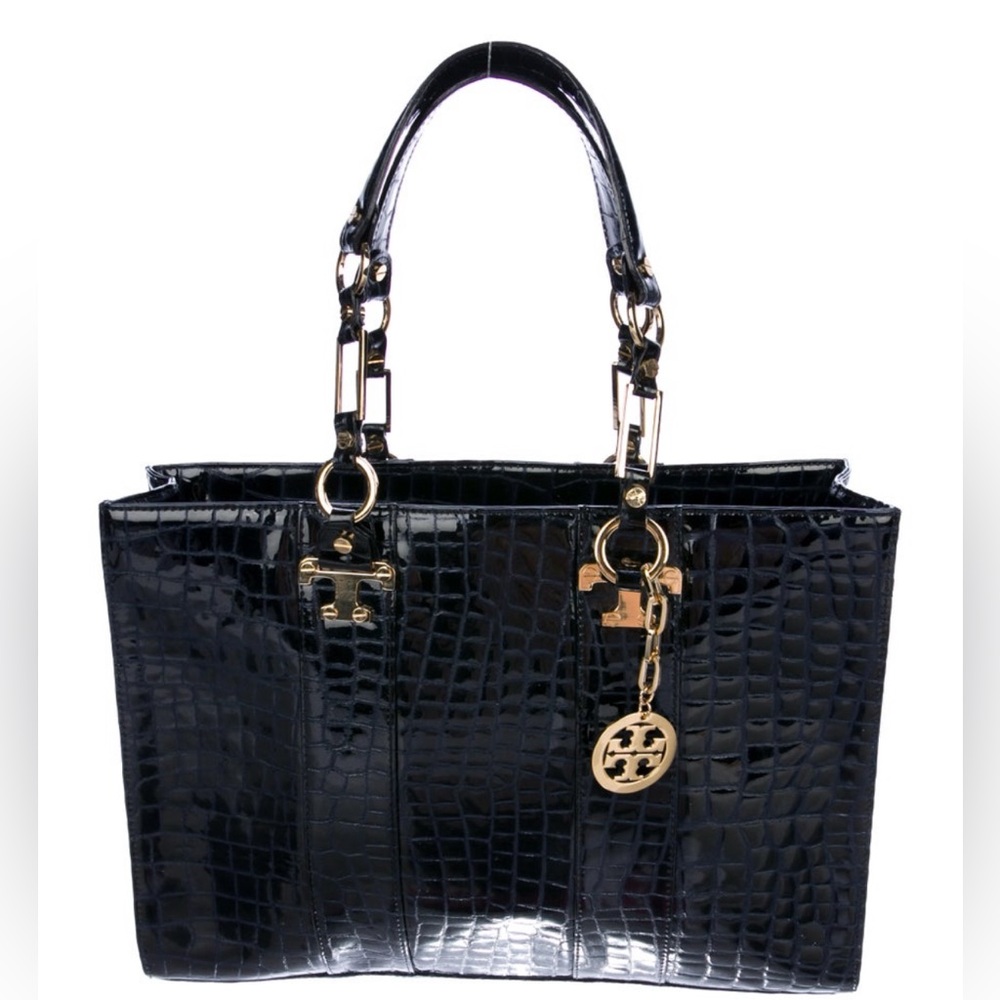 Tory Burch Jordana Black Croc-Embossed Tote